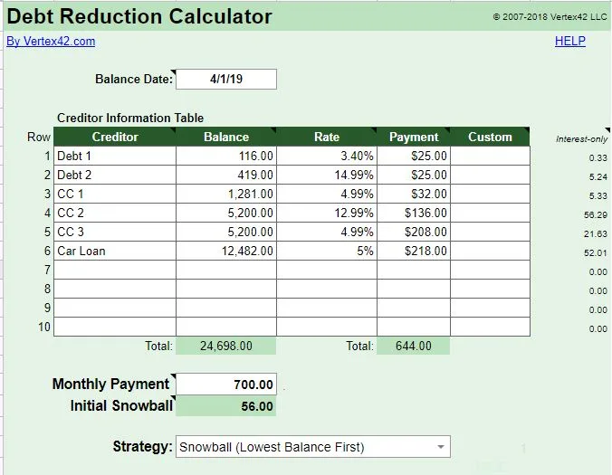 debt snowball spreadsheet fields