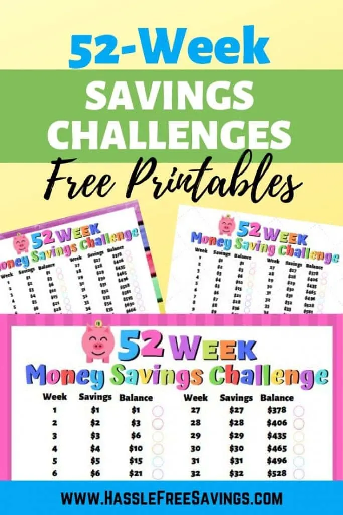 52-Week Savings Challenge Free Printables - Track your savings goals with these free savings trackers. Available at hasslefreesavings.com #savingstracker #freeprintables #savingsgoal #52weeksavingsplan #monthlysavings #savingschallenge