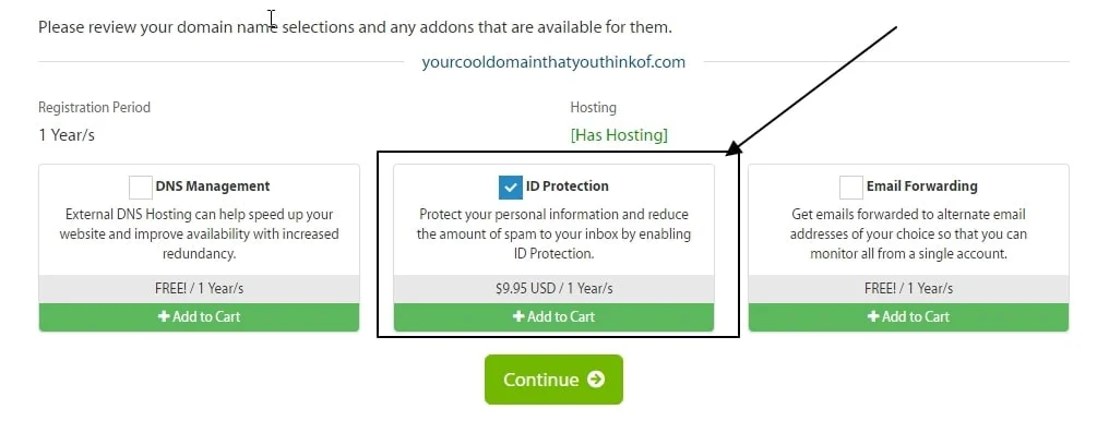 Domain Name Selections showing ID Protection