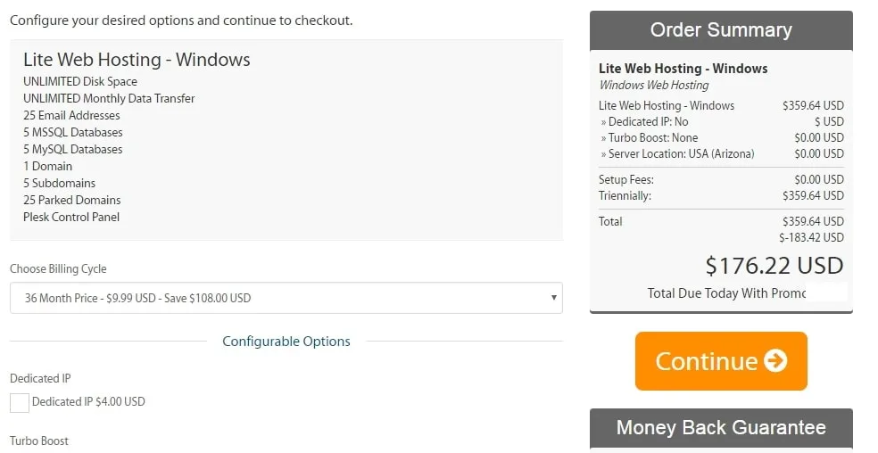 A2 Hosting  Select Billing Cycle Order Summary Page