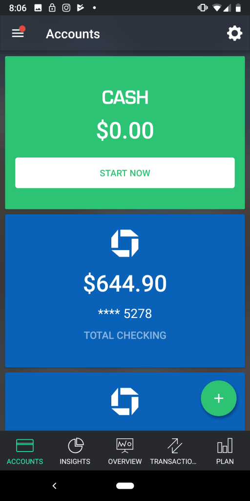 Screenshot of an app showing Accounts and Cash balance available 