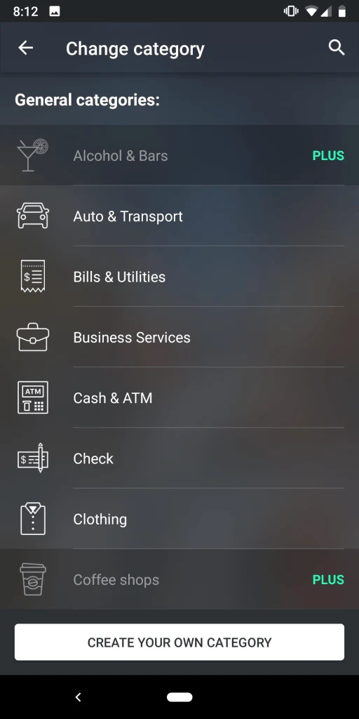 PocketGuard App showing options under Change Category section