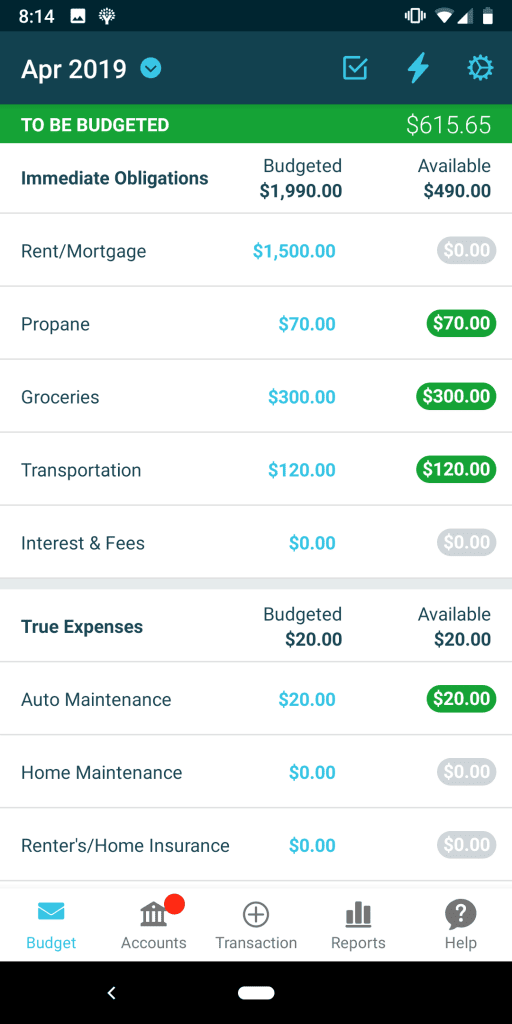 Screenshot of YNAB app showing Budget transaction