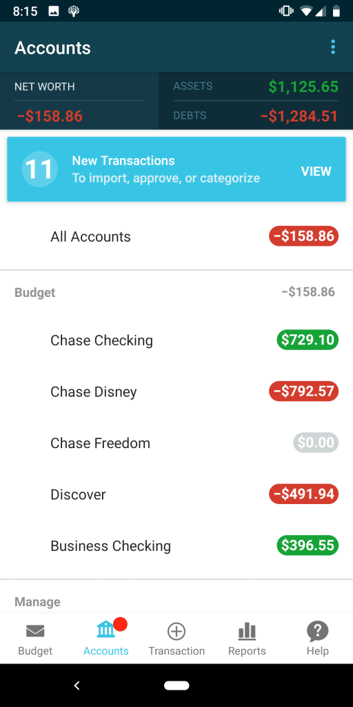 Screenshot of YNAB app showing Account details and transaction