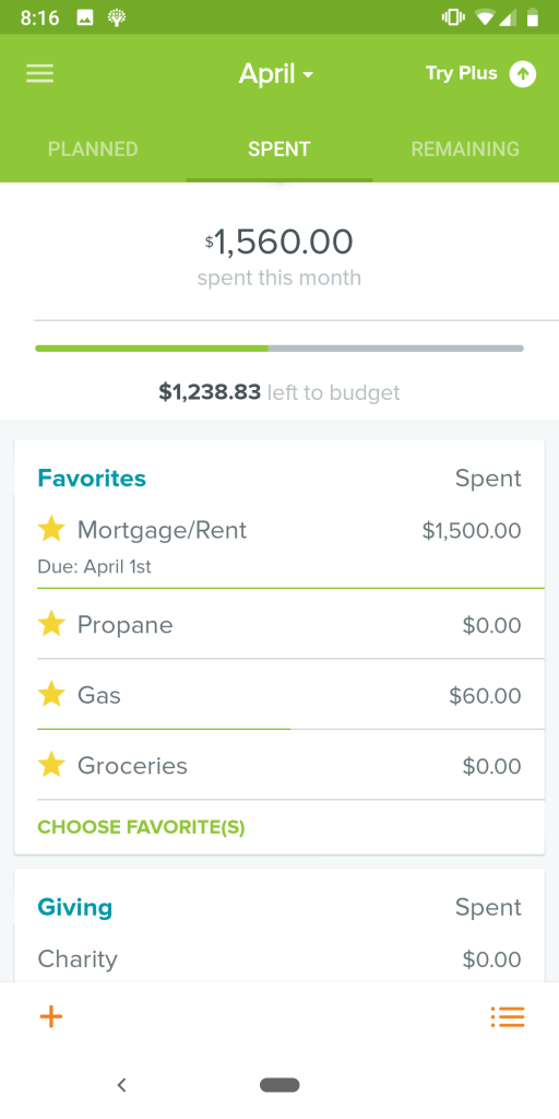 Screenshot of Every Dollar app showing spent tab details