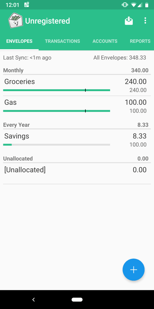 Screenshot of Good Budget app showing transaction page