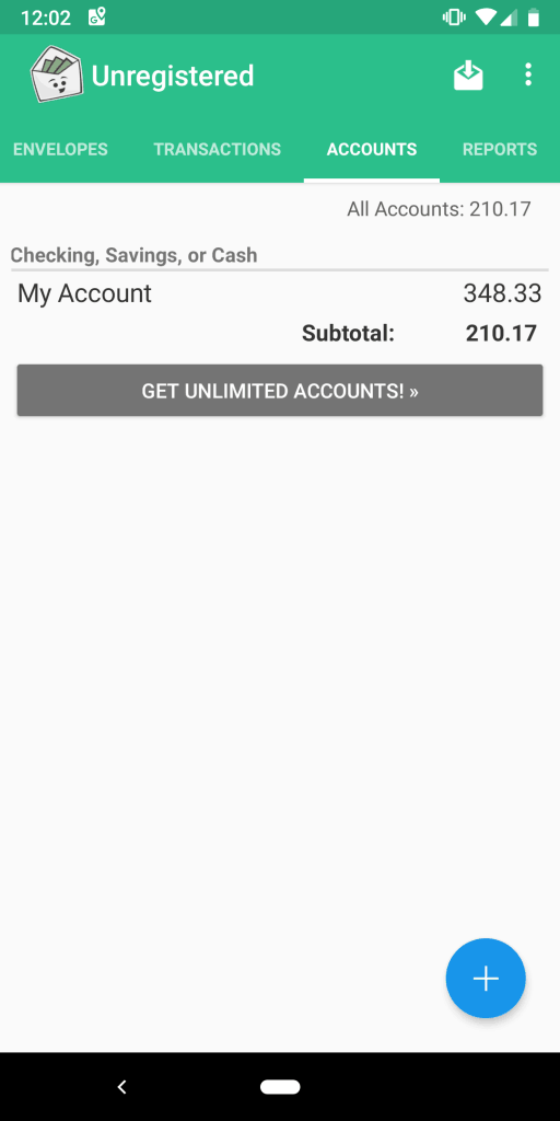 Screenshot of Good Budget app showing Account tab details