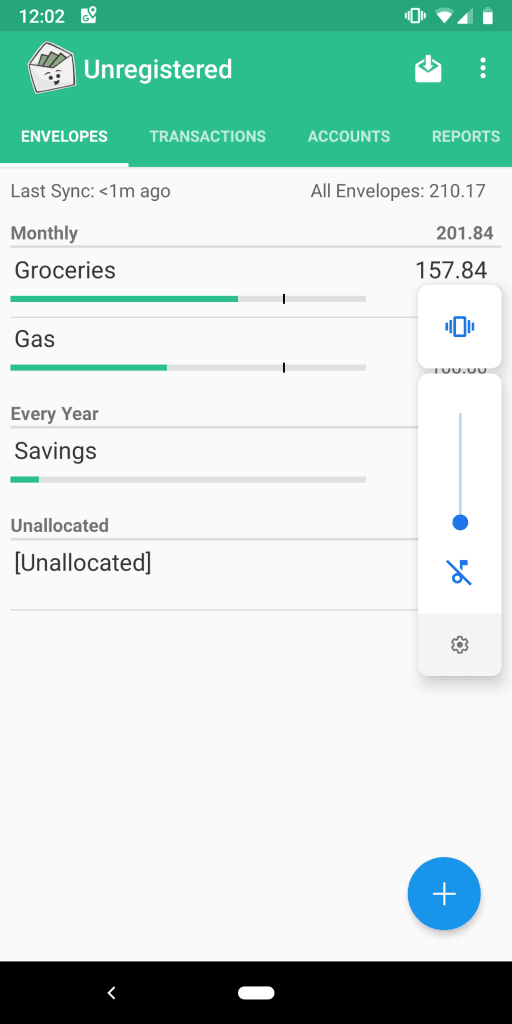 Screenshot of Good Budget app showing envelopes tab details