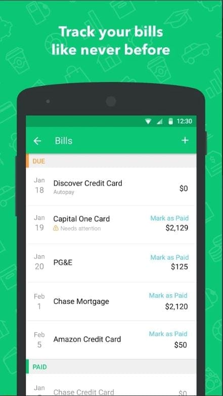 Mint Graphic of Bills tracking app