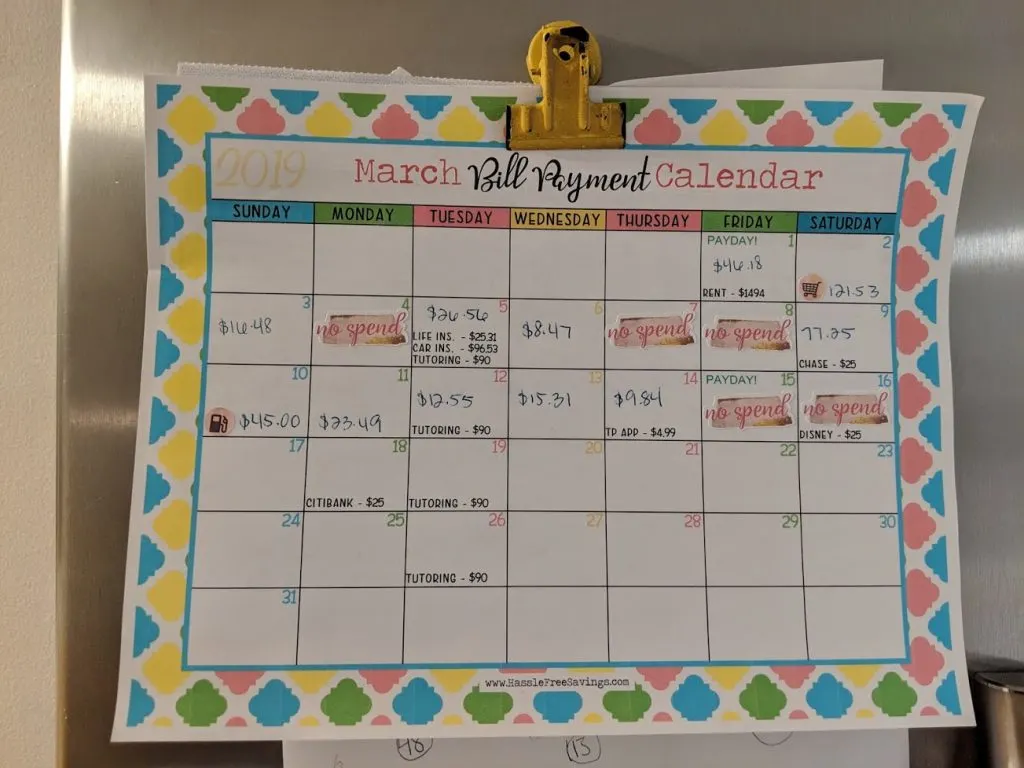 March Month Bill Payment Calendar on a wall