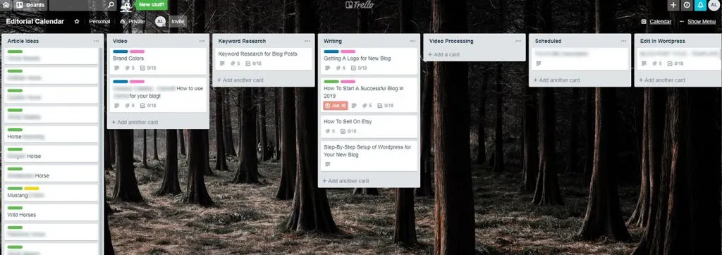 Trello Dashboard Layout for Blogging