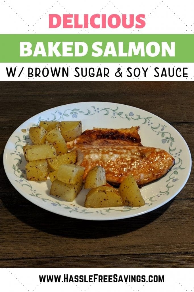 delicious baked salmon with brown sugar, soy sauce and roasted potatoes