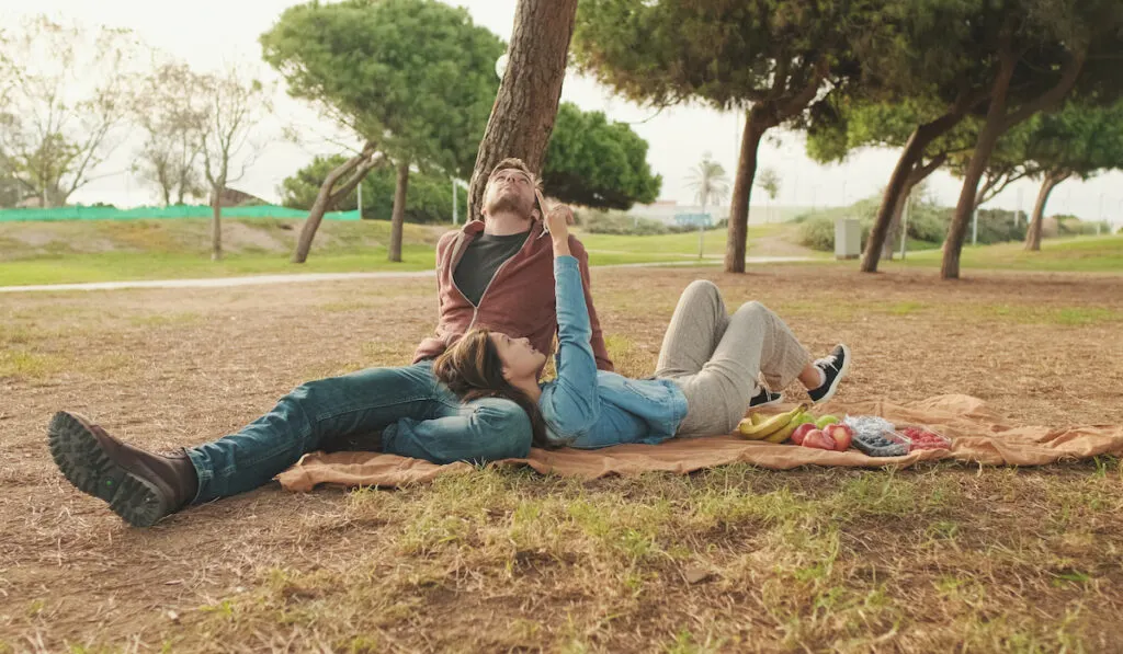 couple spending more time together, having a nice picnic at the park spending nothing

