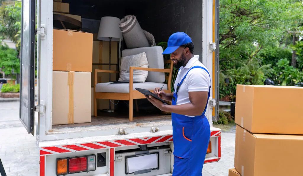 Delivery house move cargo truck service man checking box list from digital tablet for signature
