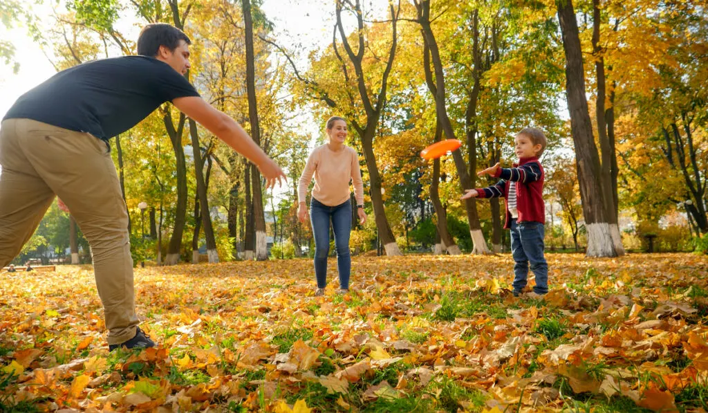 Happy smiling family playing with frisbee in autumn park
