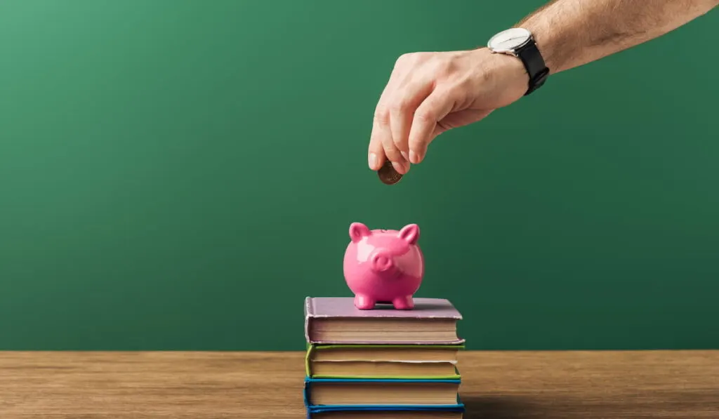 man putting coin in the pink piggy bank