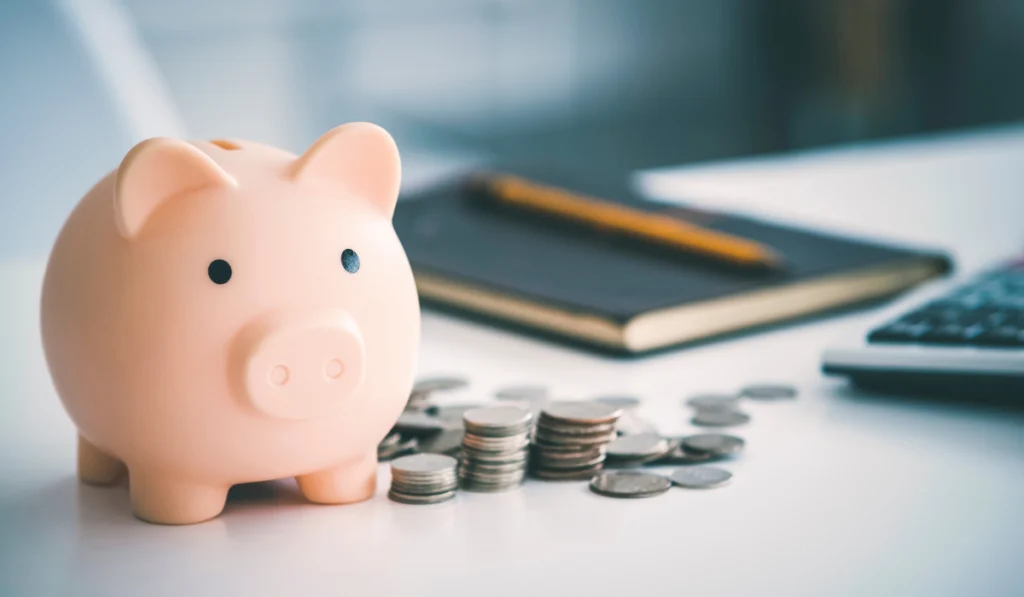 piggy bank among coins