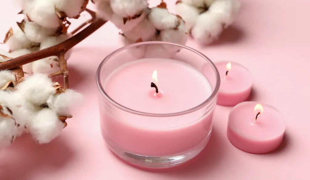 pink scented candles and a branch of cotton balls