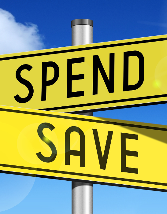 yellow signs with text of spend and save pointing in opposite directions