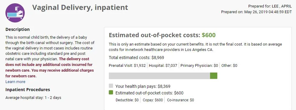 Vaginal Delivery Estimated out-of-pocket cost copy