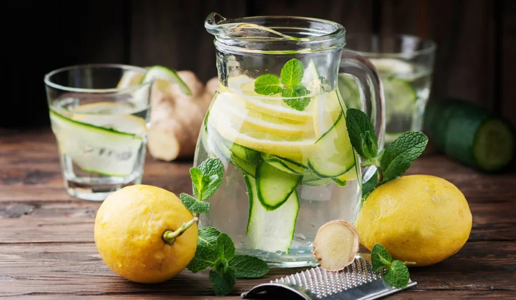 Water with lemon, cucmber and ginger
