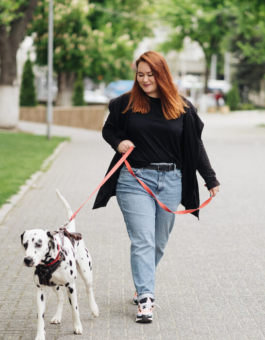 woman spending time walking her dalmatian dog in their neighborhood
