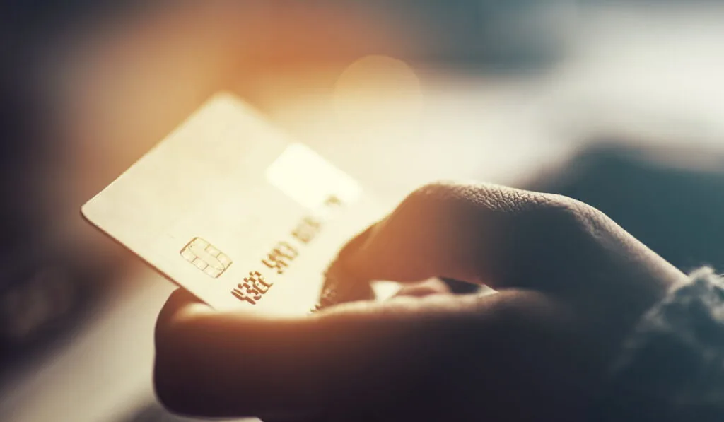 woman holding credit card in one hand