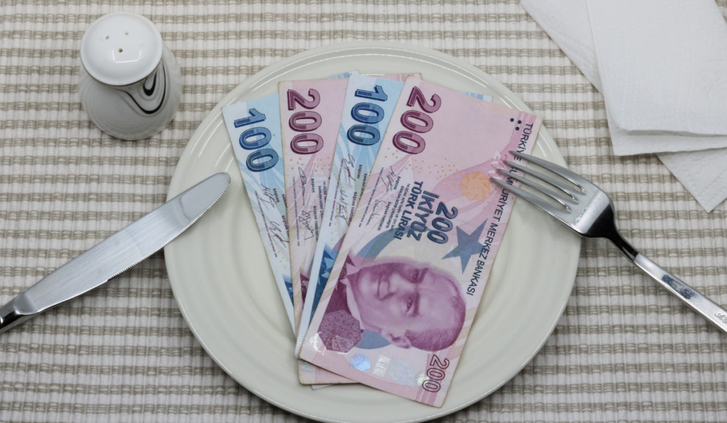 money spent on food concept, money bills on the plate 