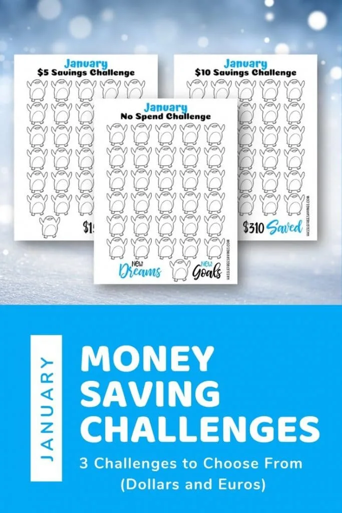 3 january money saving challenges printables on a white snowy background. Pinnable image for Pinterest.