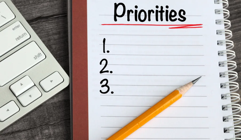 notebook with Priorities List to be filled out and a pencil on top