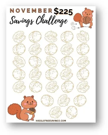 November $225 Money Savings Challenge Free Printable Form