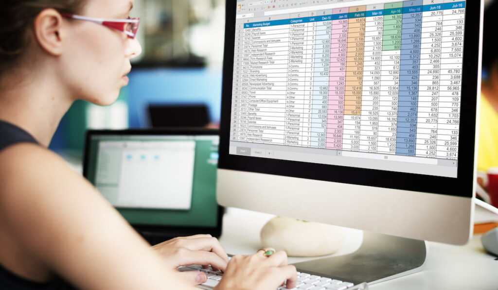 woman creating a spreadsheet of grocery prices