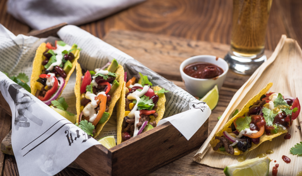 tacos served on a wooden box